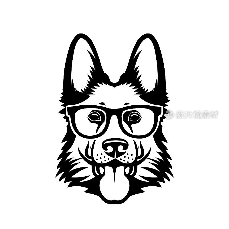 German Shepherd dog wearing eyeglasses - isolated outlined vector illustration